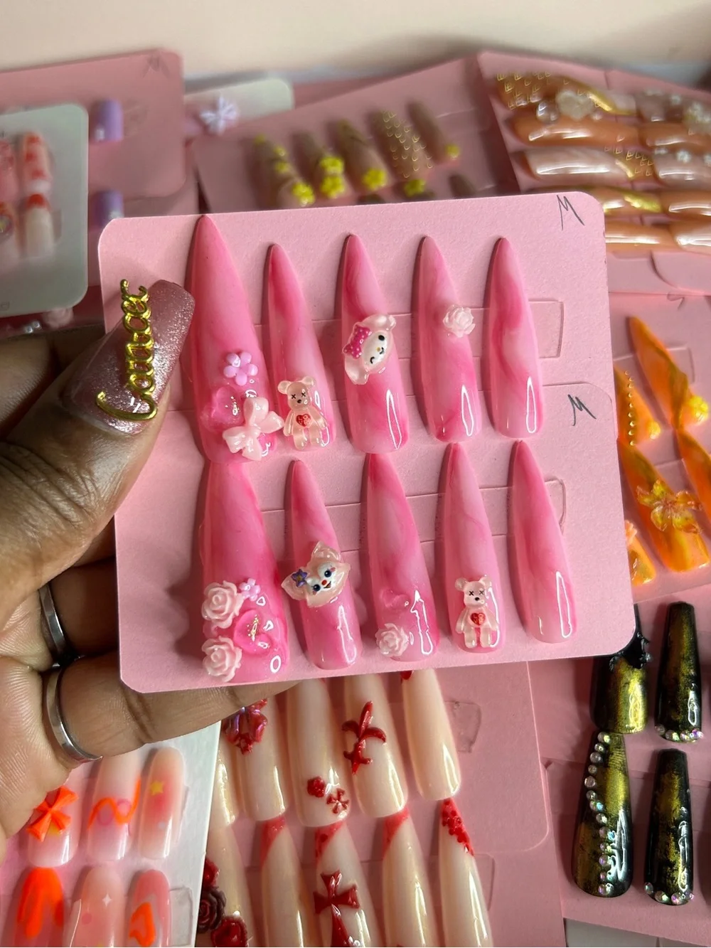 Pink Stiletto Press-On Nails with 3D Charms